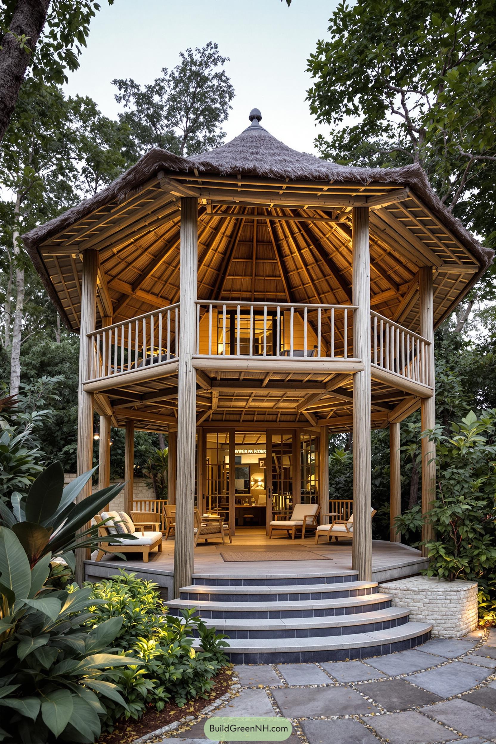 Two-story bamboo gazebo surrounded by lush greenery