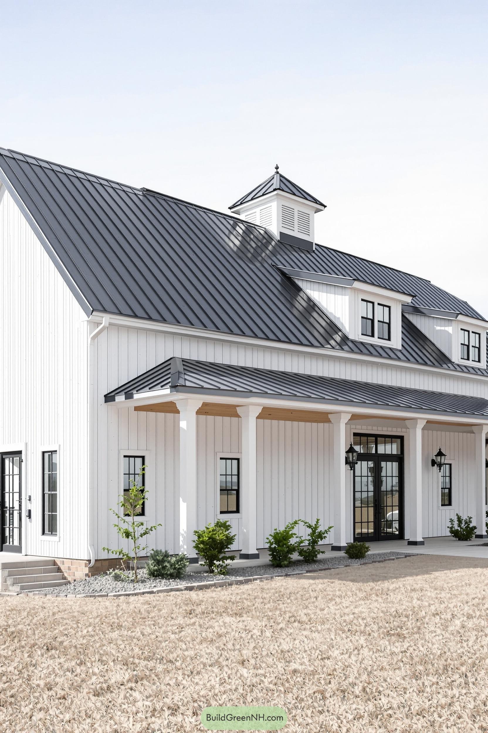 White barndominium with a metal roof