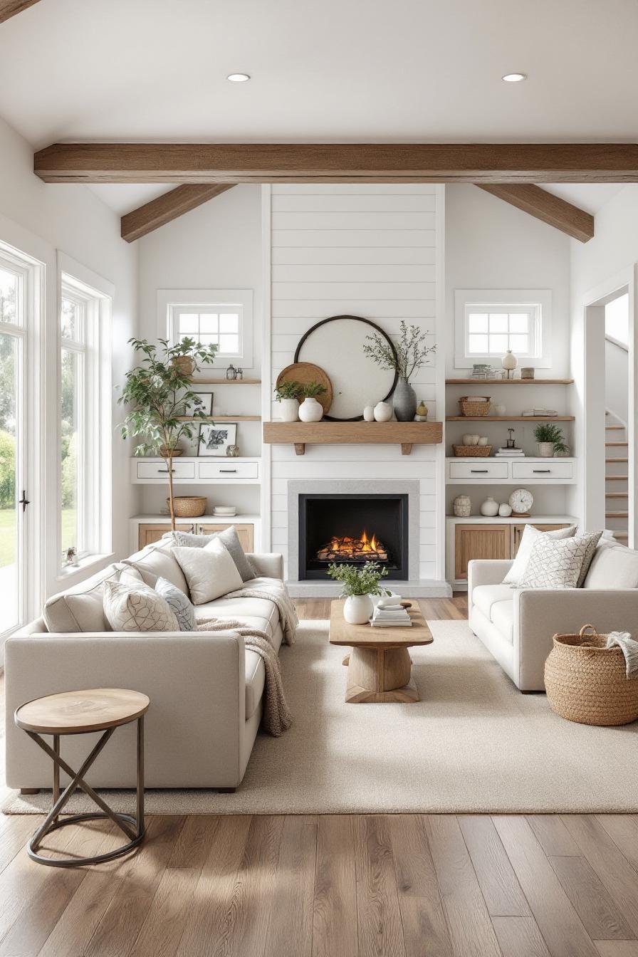 Cozy farmhouse living room with fireplace and neutral decor
