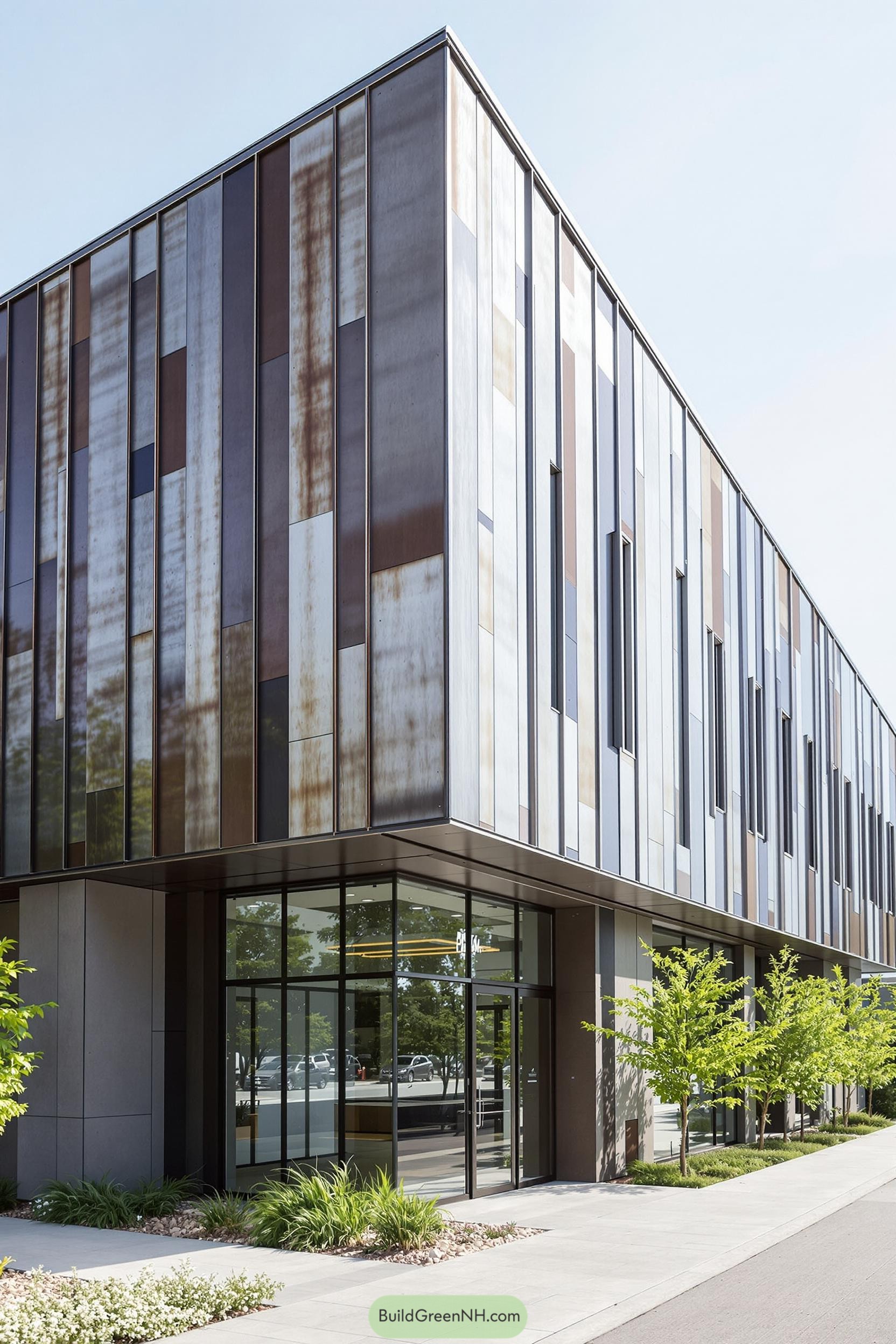 Modern building with rusted panel facade and large glass windows