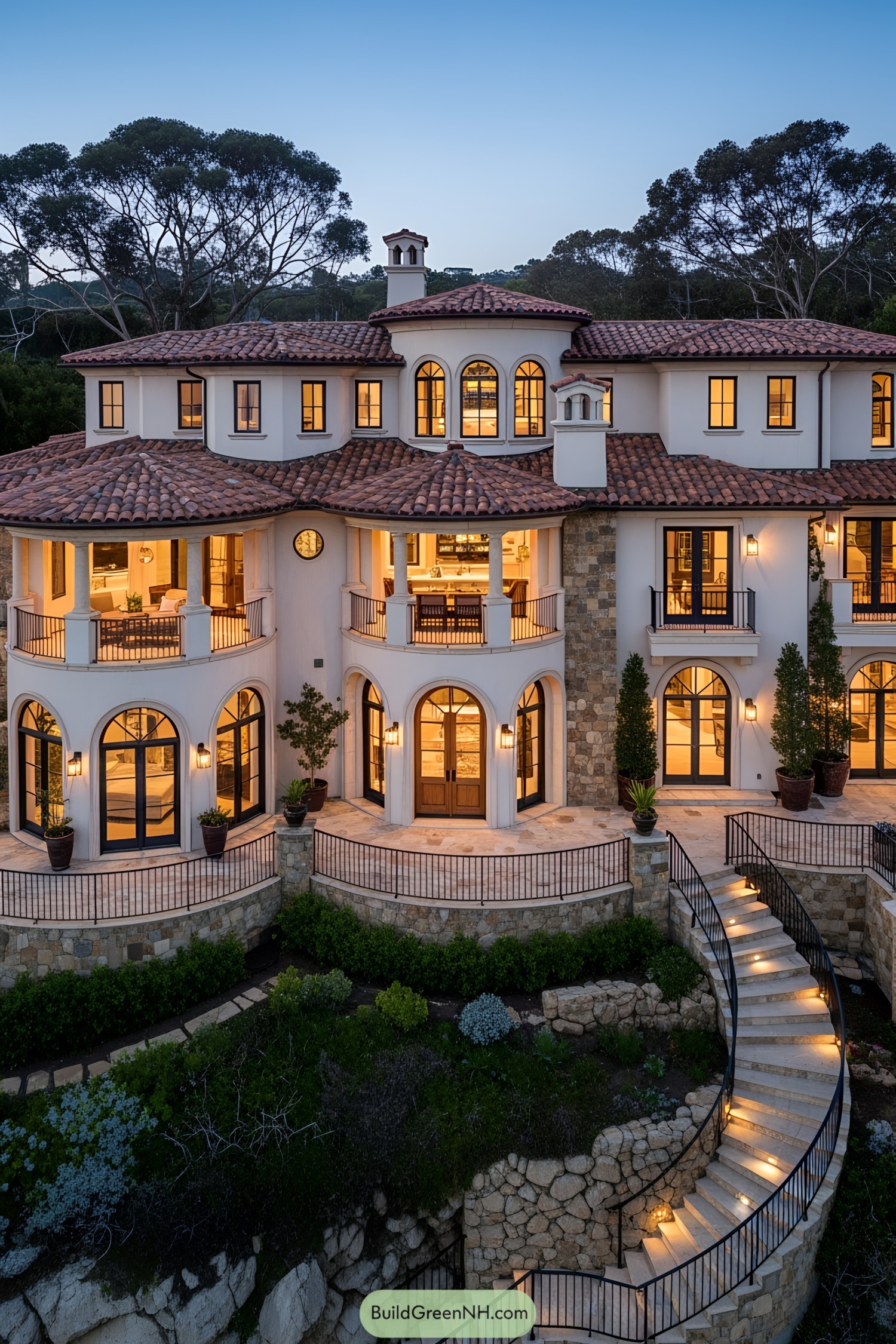 Elegant villa with red-tiled roof and arched windows