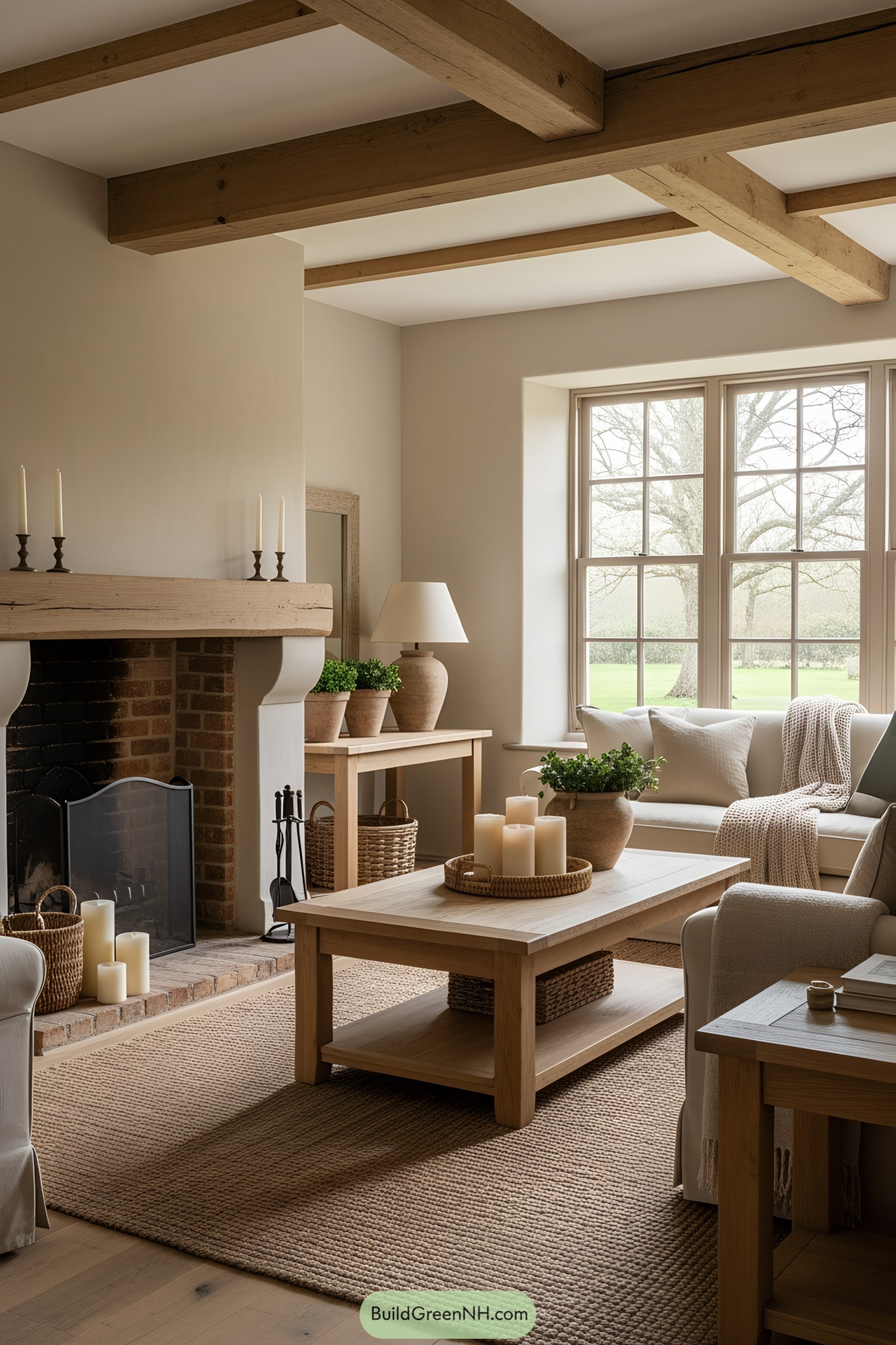 Cozy living room with wood beams, candles, and a fireplace