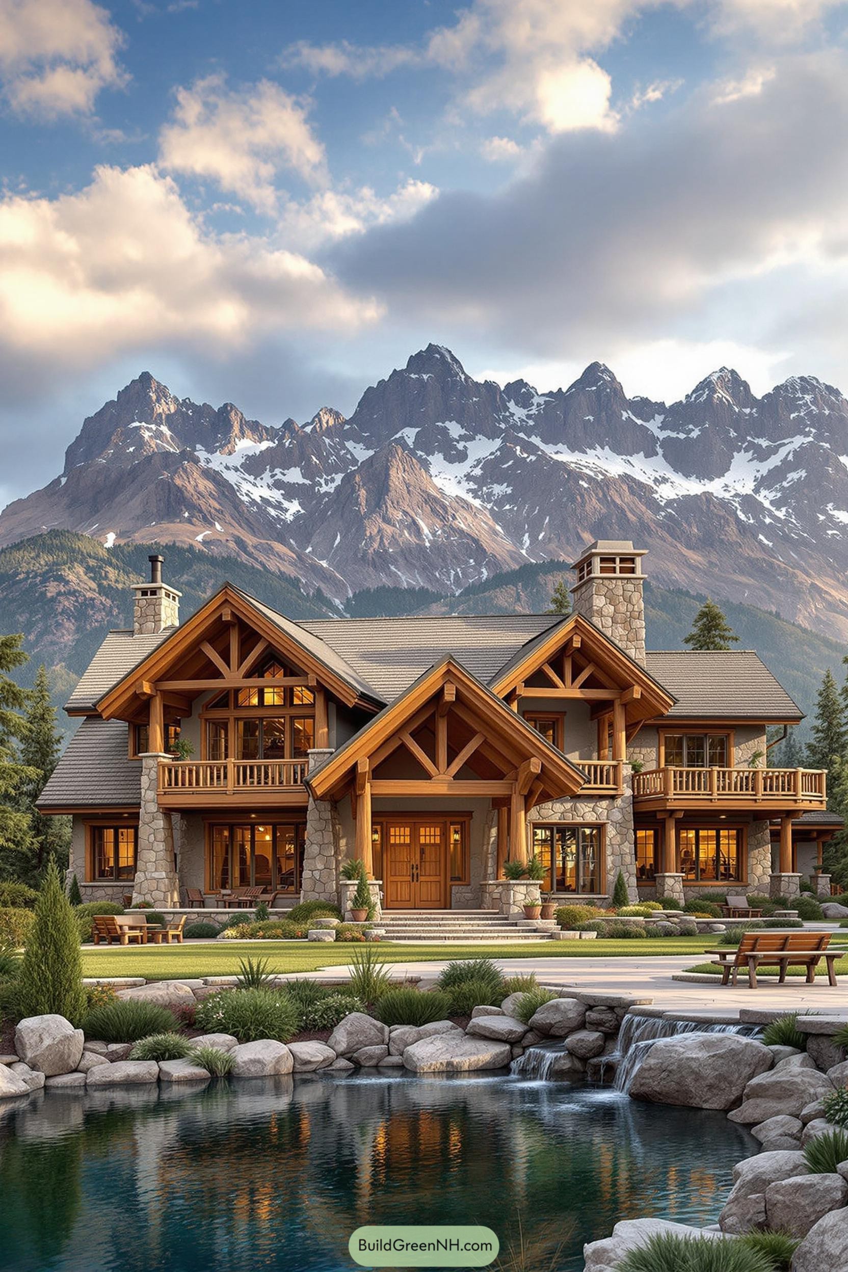 Luxury ranch house nestled in front of majestic mountains