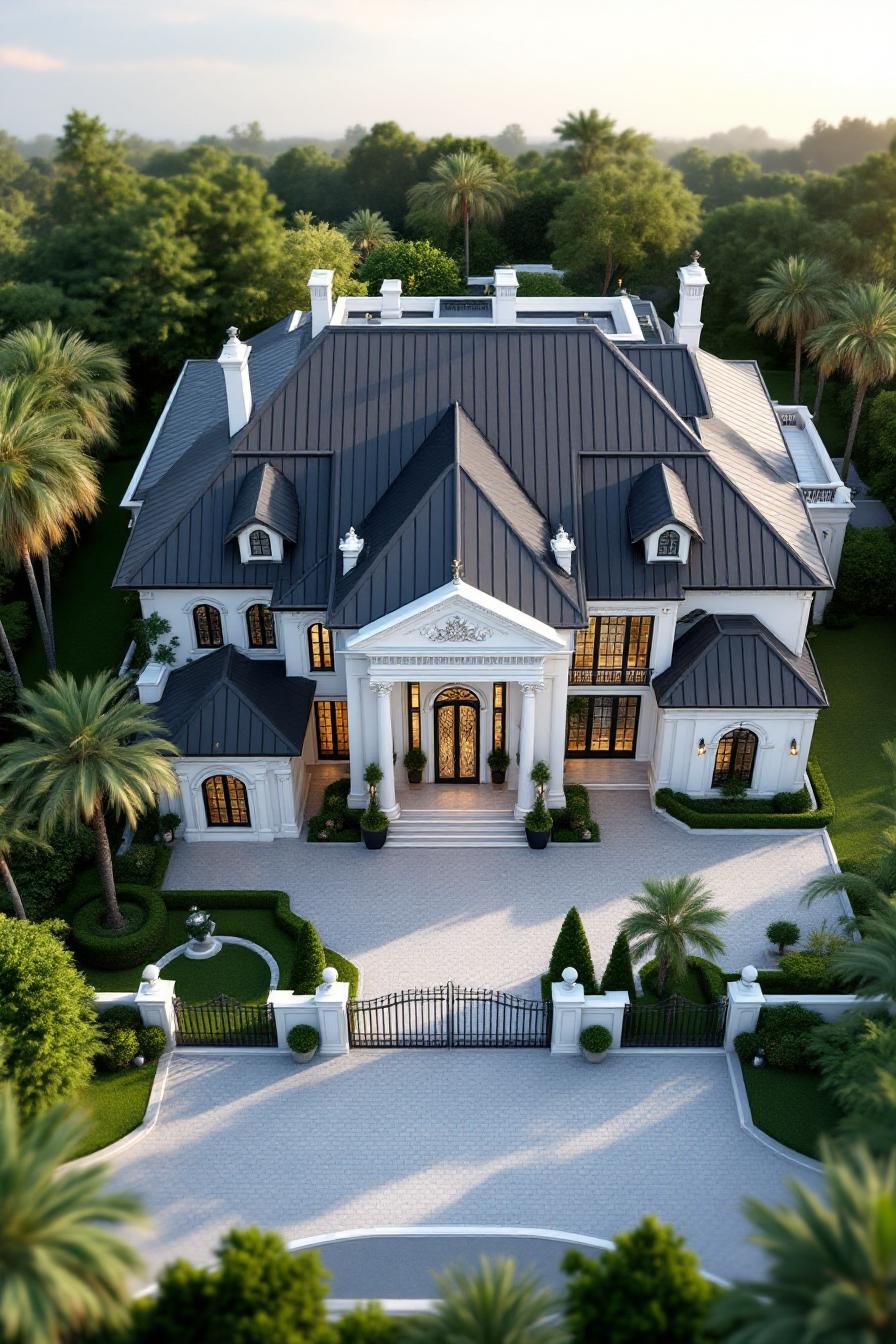 Elegant villa with grand columns and lush surroundings