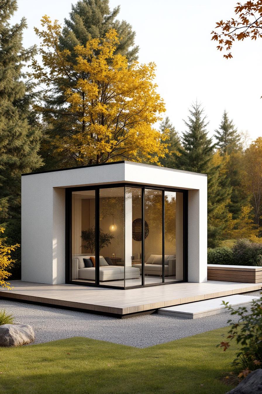 Small, modern house with glass walls nestled in a forest setting