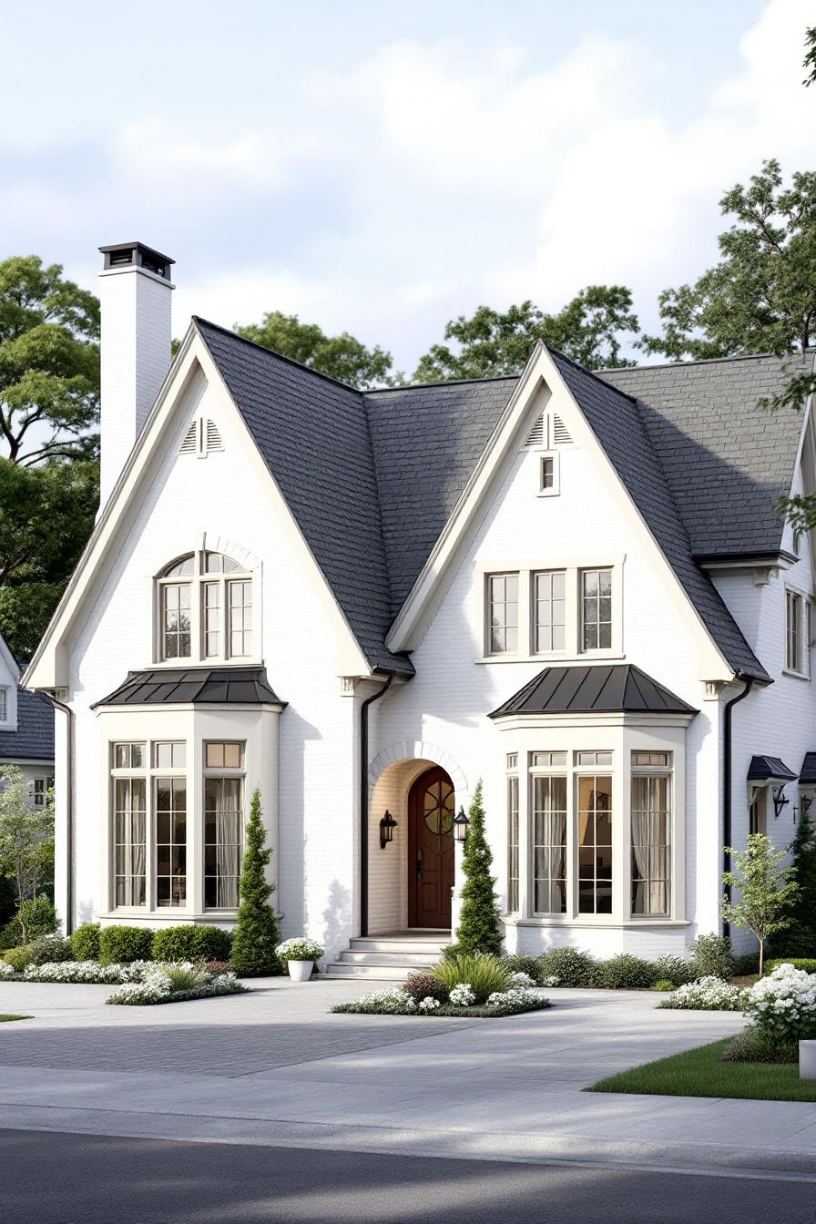 White brick house with dark roof and triangular peaks