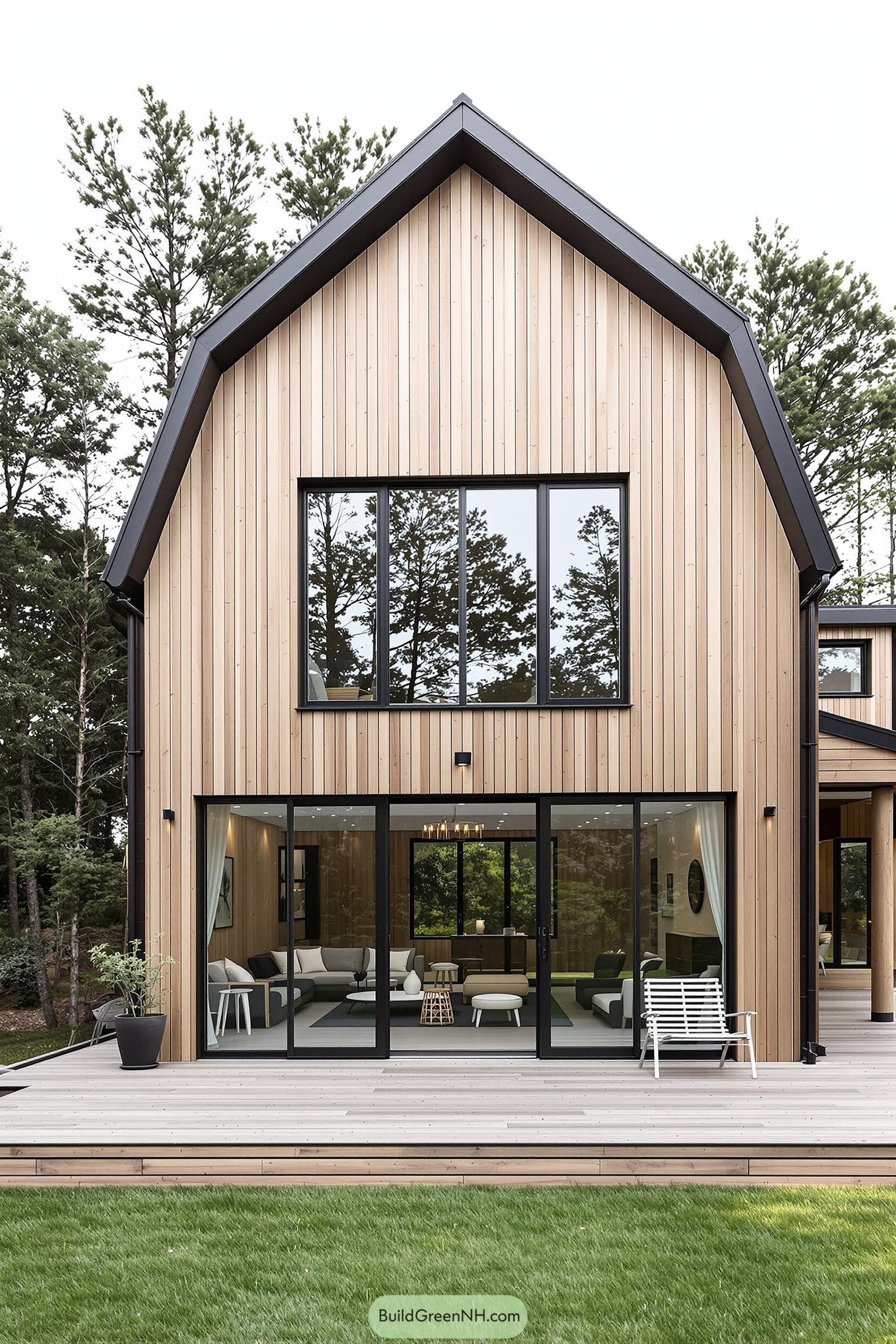 Scandinavian barn house with large windows and a wooden facade