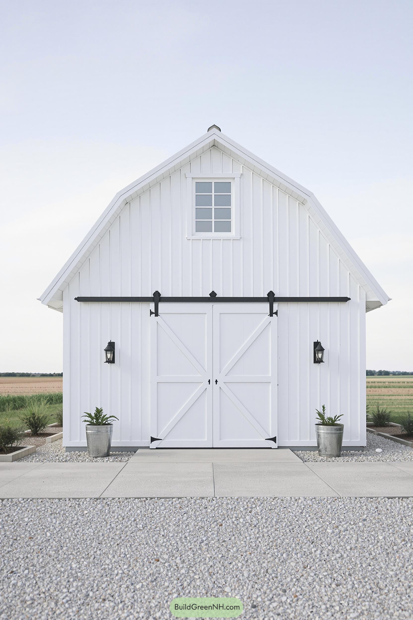 White barn house with sliding doors