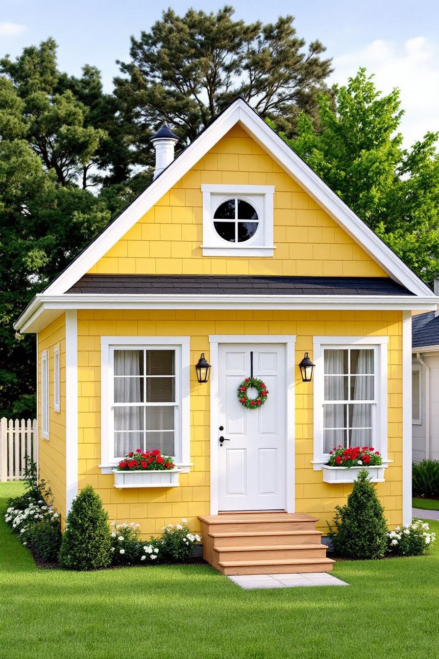 A bright yellow cottage with a crisp white door and flower boxes