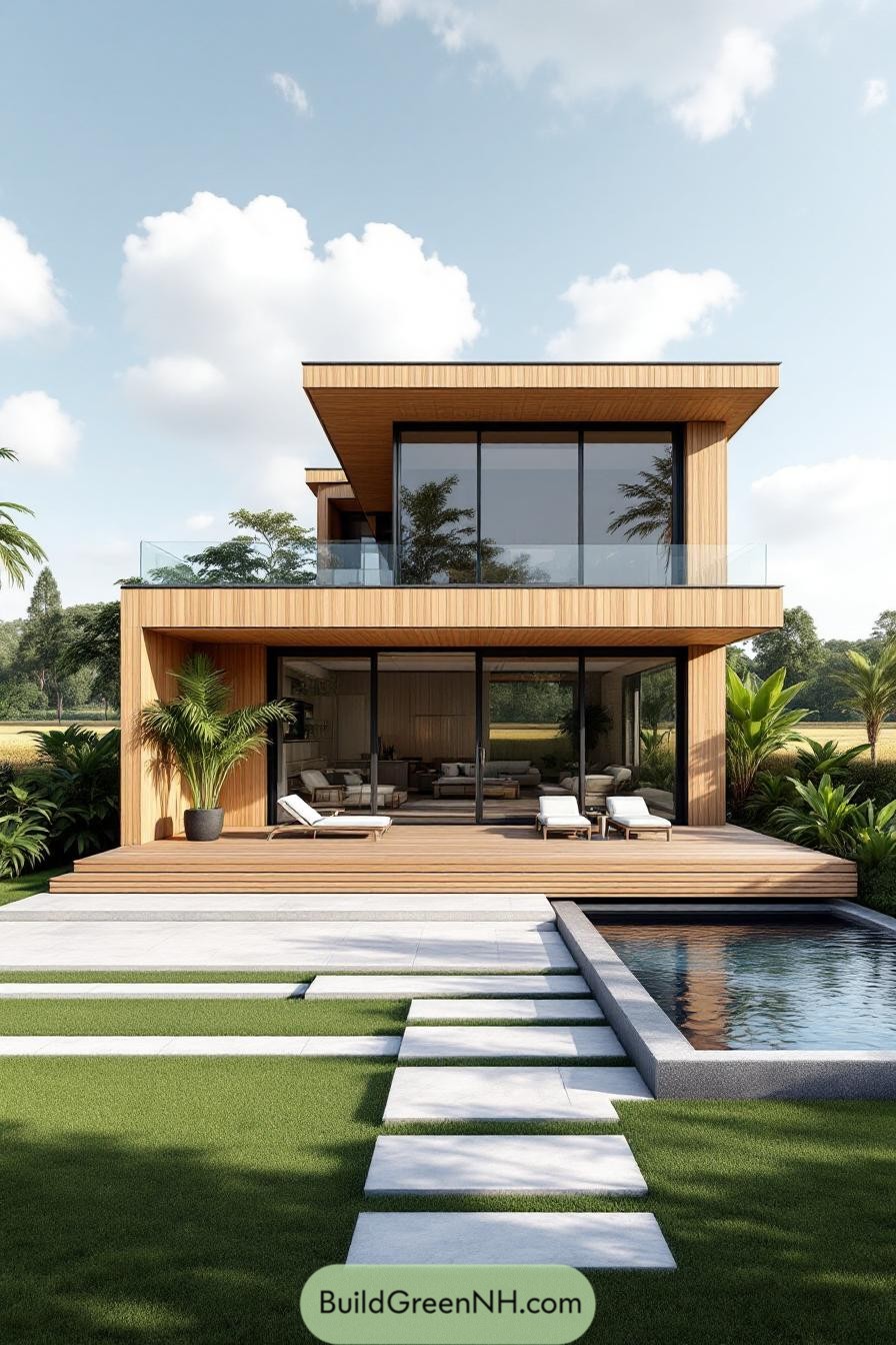 Modern house with wooden facade, pool, and lush greenery