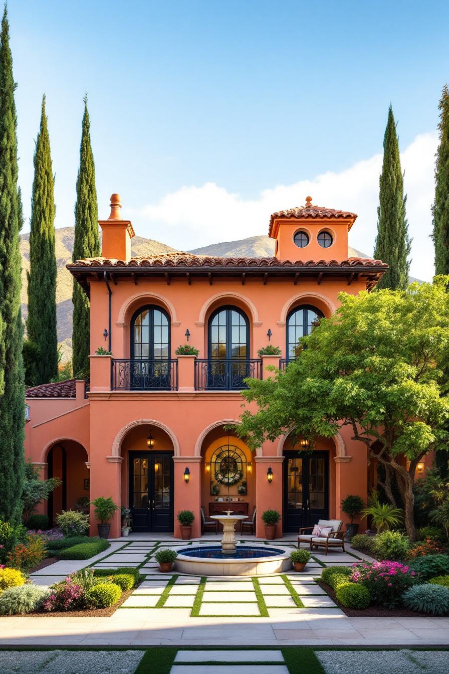 Spanish-style courtyard with fountain and vibrant garden