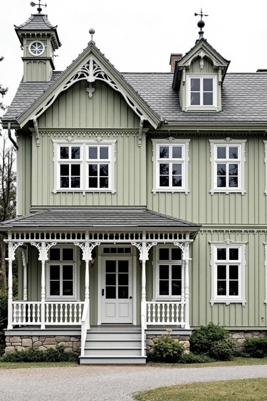 Charming green Swedish house with decorative porch and tall turret