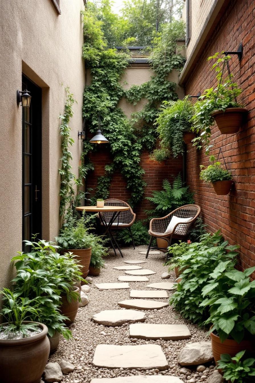 Narrow courtyard with potted plants and climbing greenery