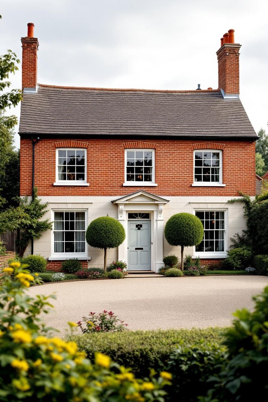 Charming Georgian farmhouse with red brick facade and topiary features