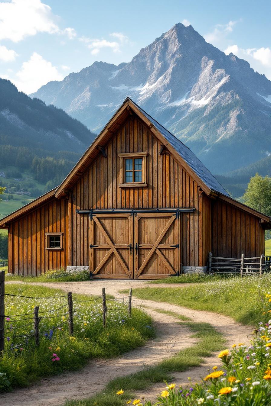 Wooden barn with a scenic mountain backdrop