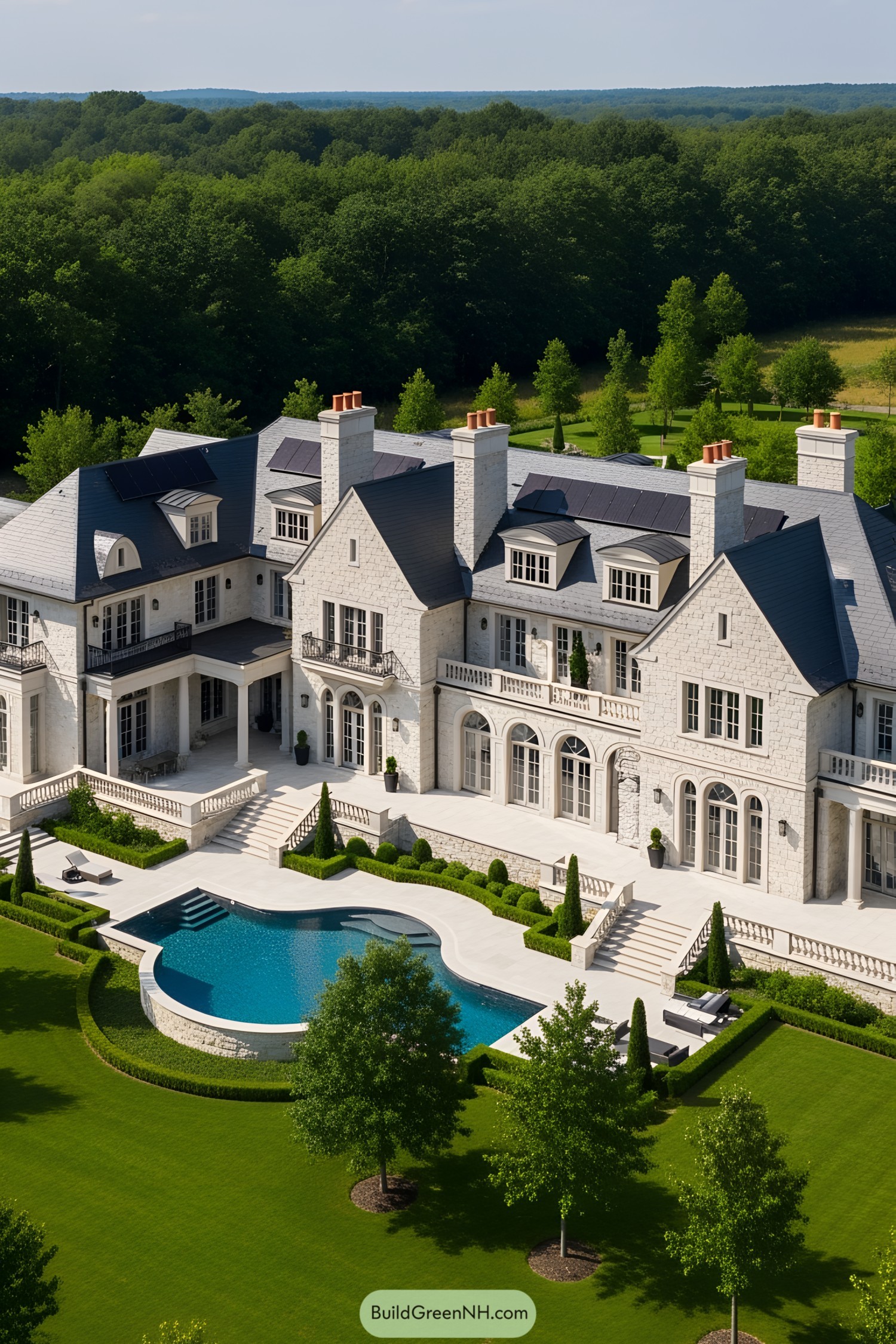 Grand facade of a luxurious mansion with an expansive lawn