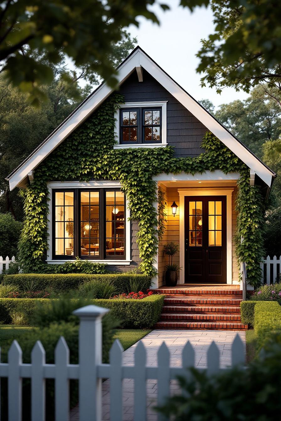 Leafy cottage with ivy, brick steps, and black-trim windows