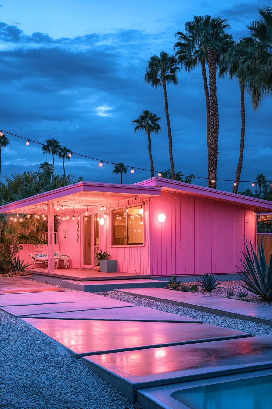 Pastel pink bungalow illuminated under a blue dusk sky with string lights and palm trees
