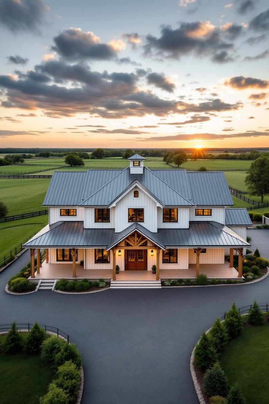 Modern farmhouse with metal roof at sunrise