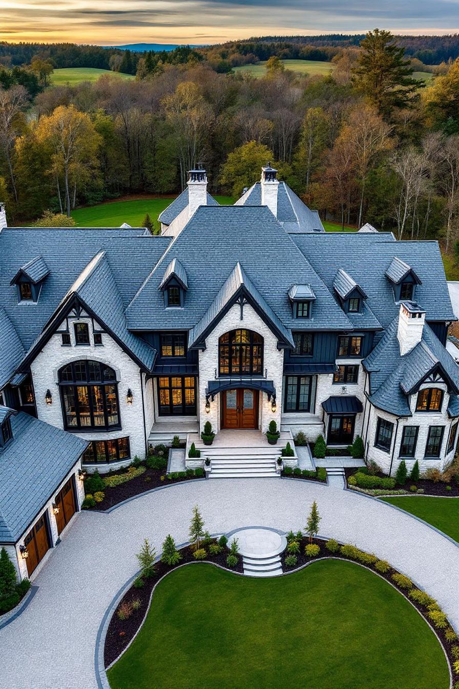 Charming farmhouse mansion surrounded by lush greenery