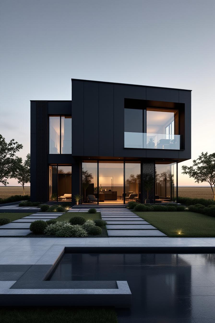 Sleek black modern house with a glowing interior and minimalist garden