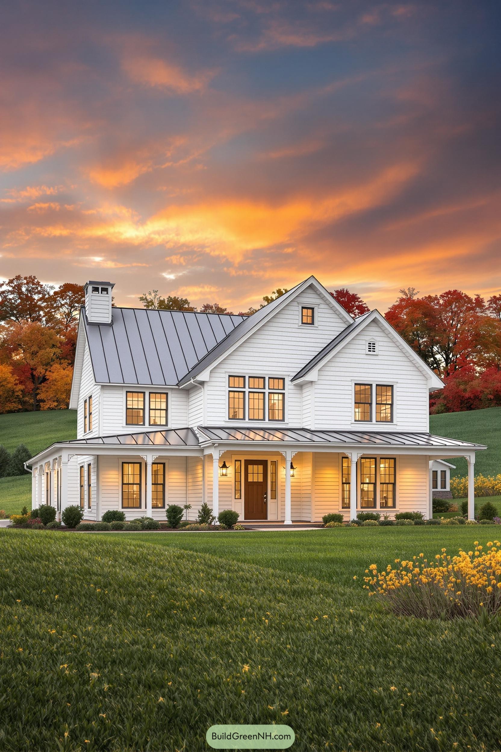 White country house with a wraparound porch under a vibrant sunset