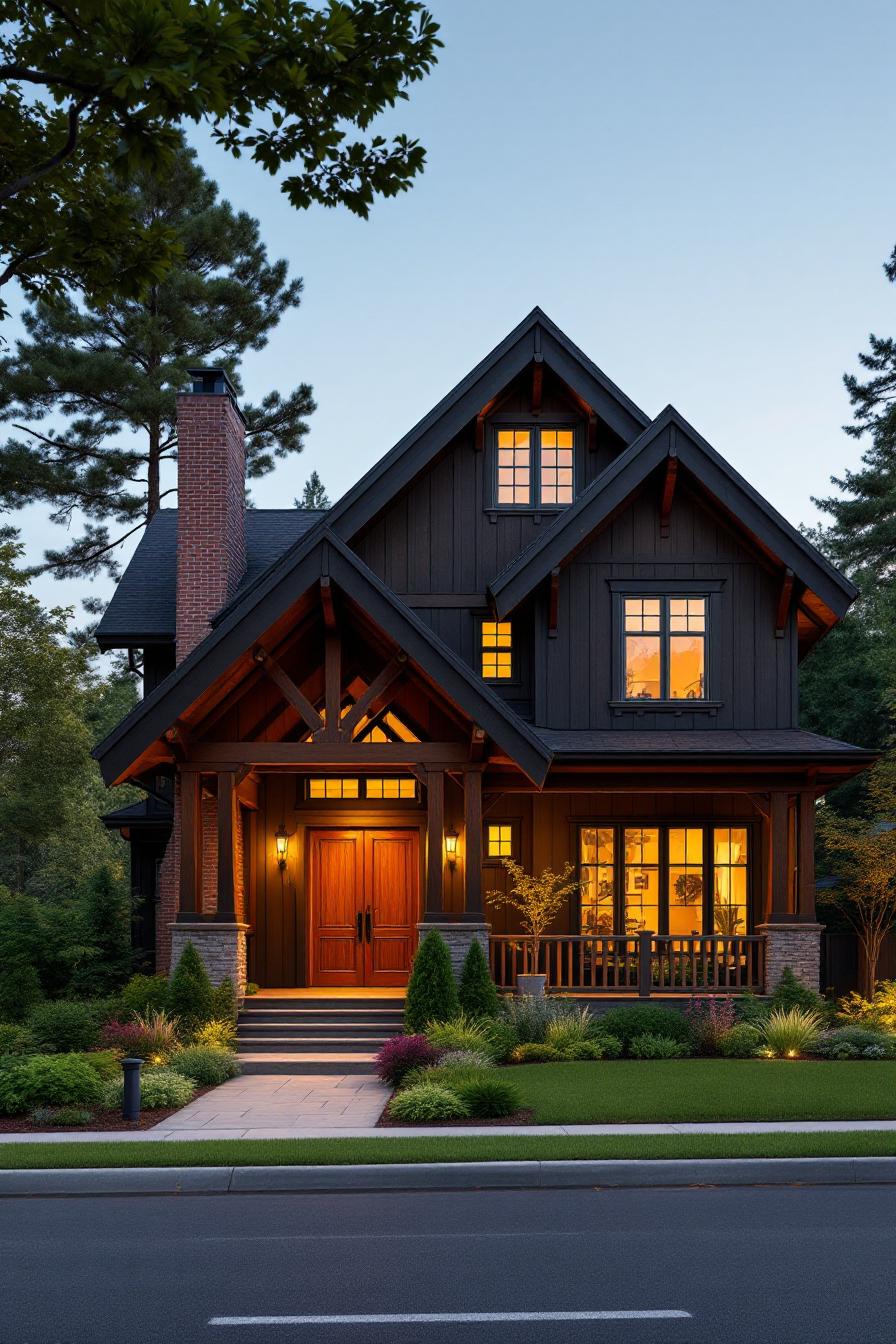 A picturesque craftsman house with warm lighting at dusk