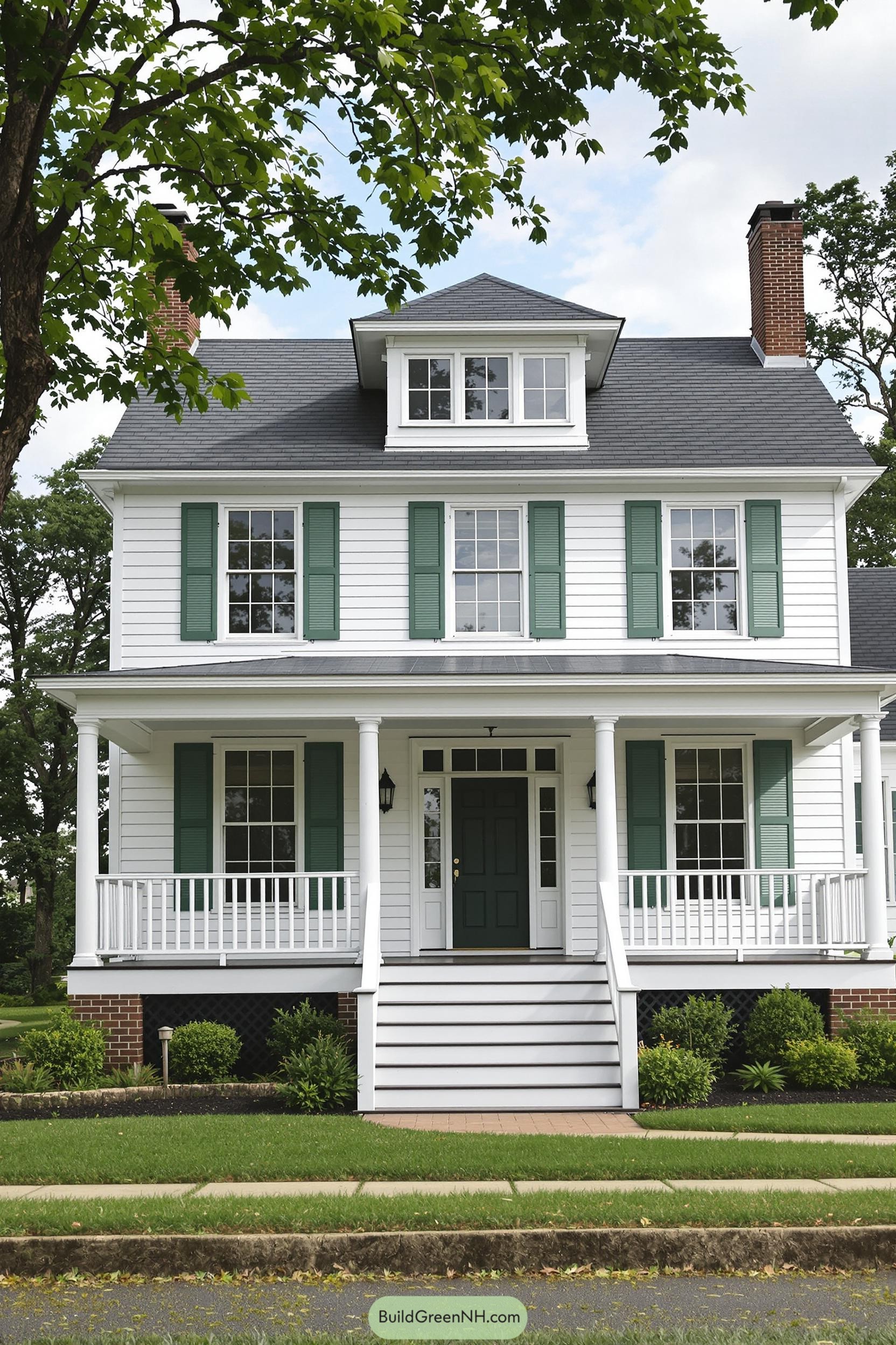 White farmhouse with green shutters and a large porch