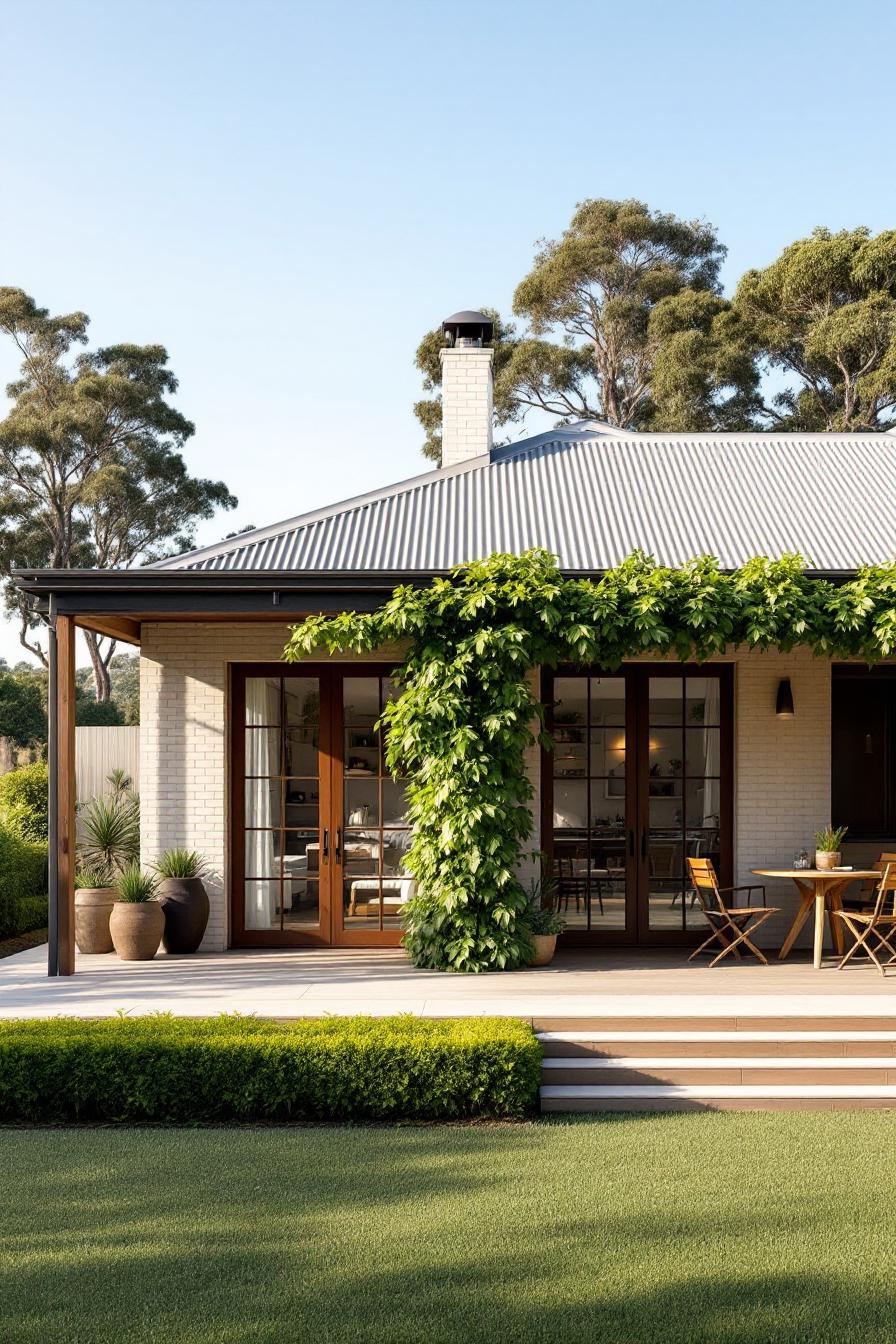 Australian country house with a charming patio and lush greenery