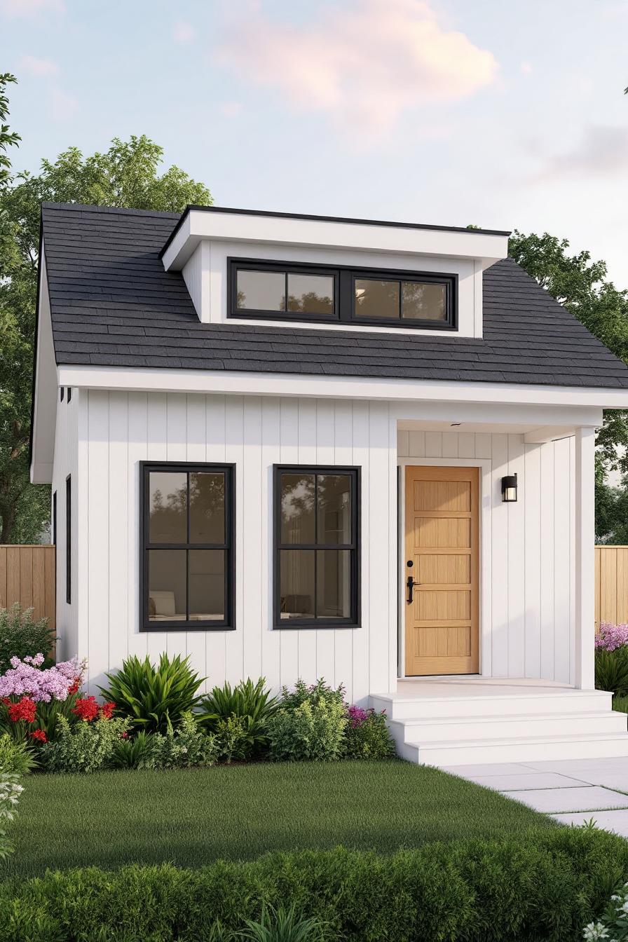 Small white cottage with black-trim windows and light wood door, surrounded by lush landscaping