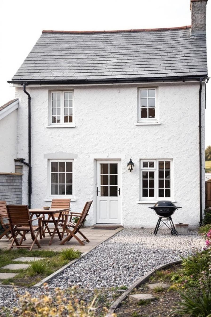 White cottage with garden and patio furniture