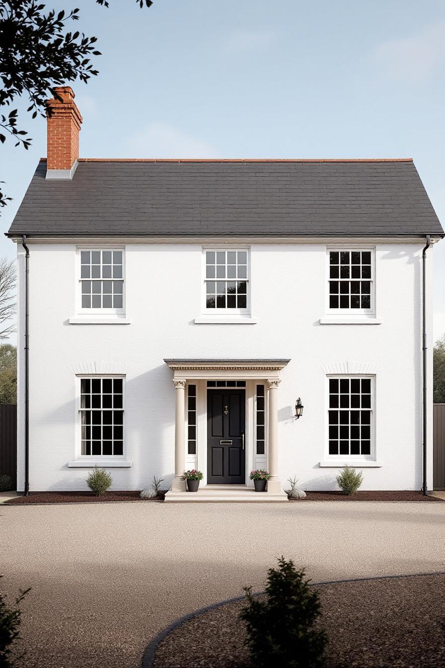 Georgian farmhouse with a classic white façade and tall red chimney