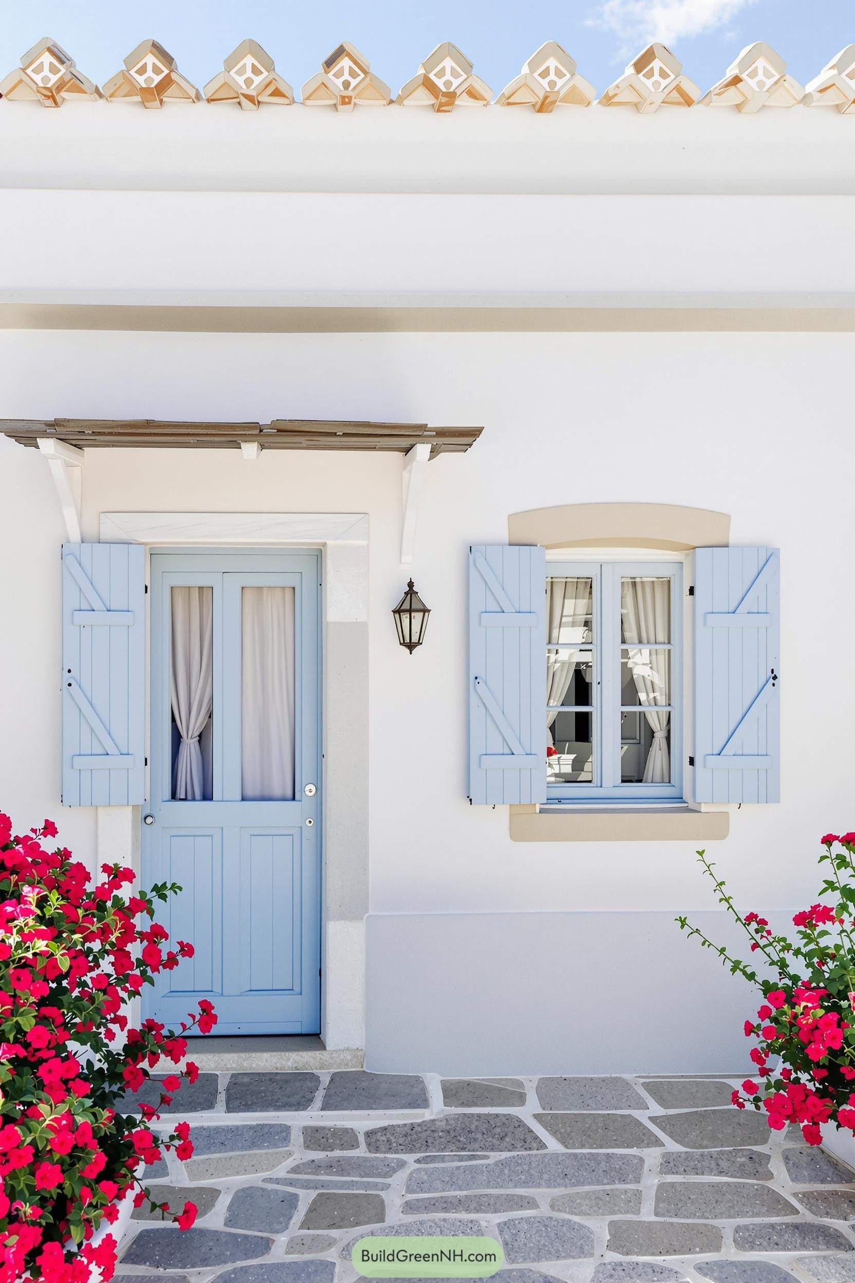 Charming Greek façade with blue shutters and blooming flowers