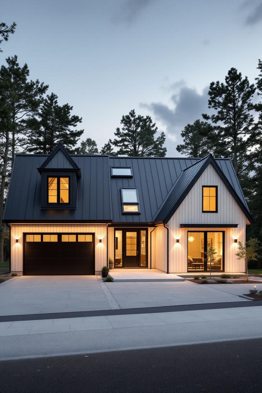 Modern Scandi cottage with glowing lights and a sleek design