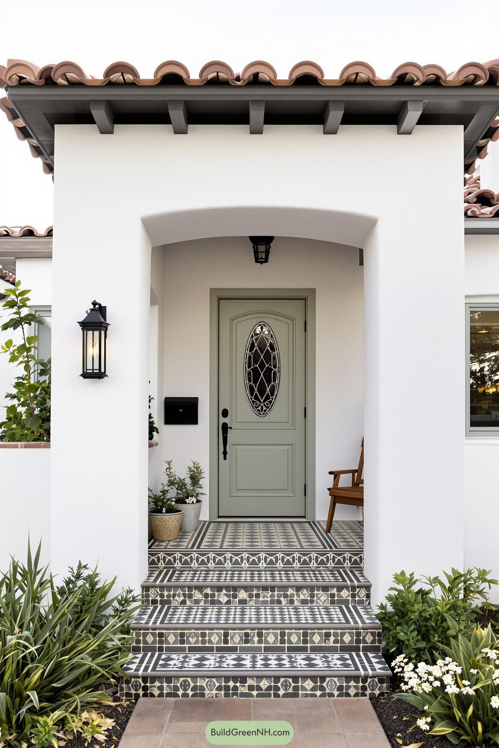 Front door entrance of a Spanish Revival house with tiled steps