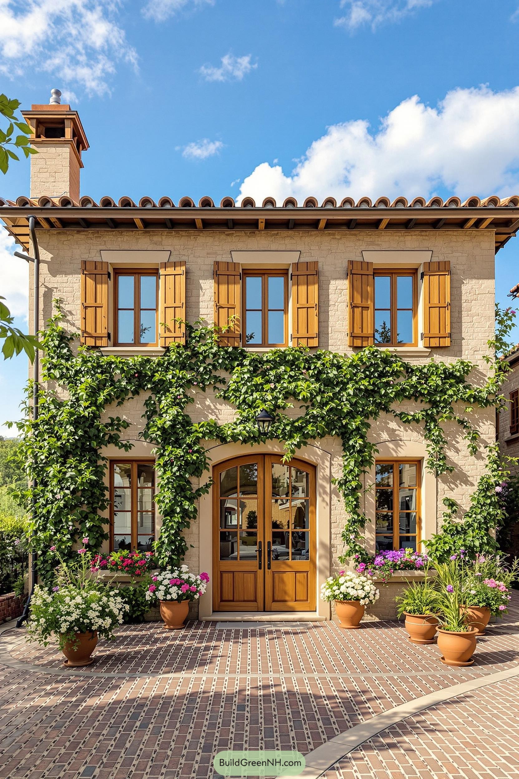 Charming cottage with lush green vines and vibrant flowers