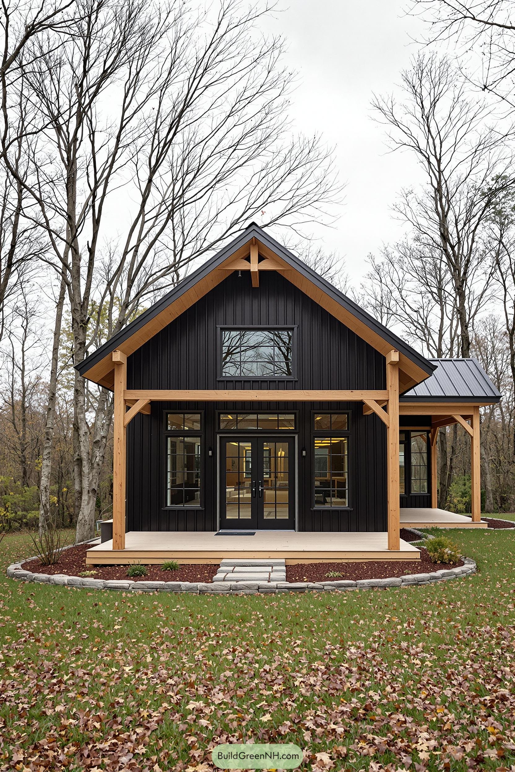 Black barndominium with wooden accents nestled among trees