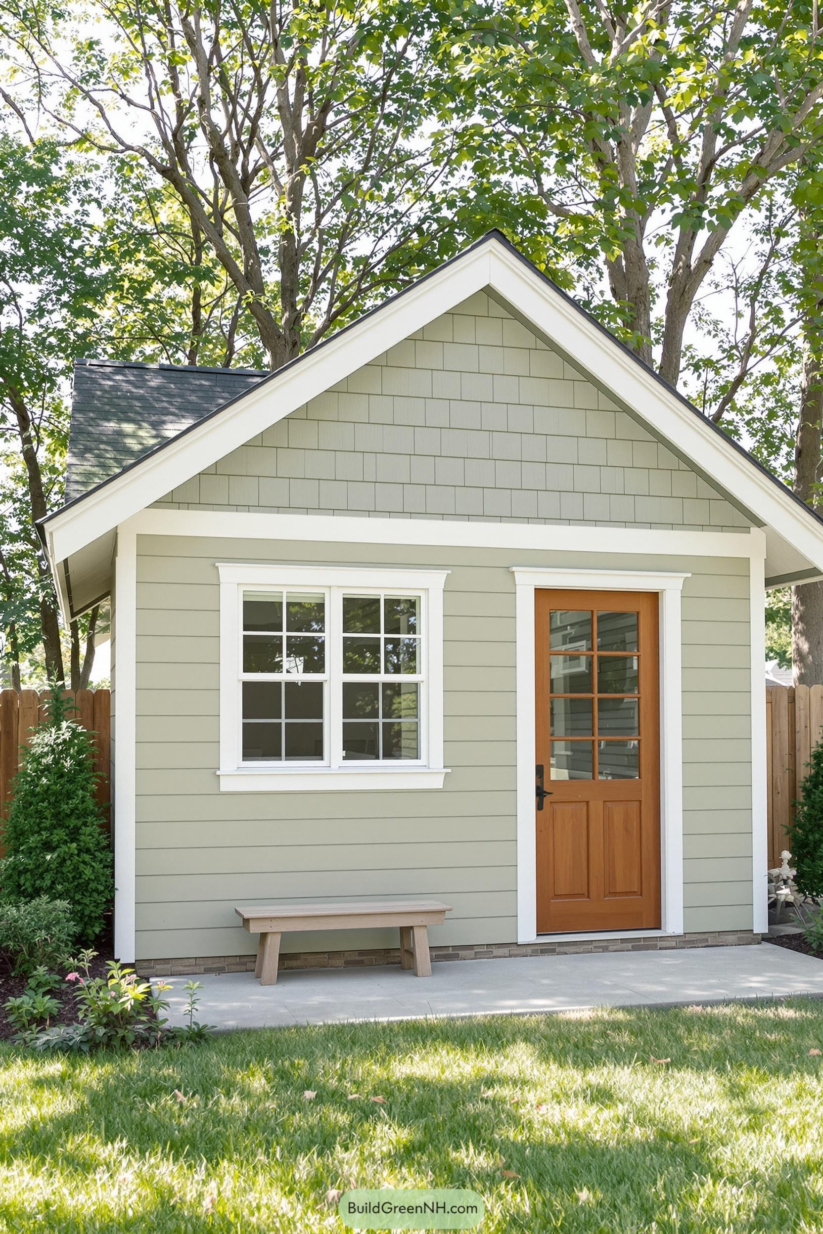 Small Craftsman shed with green siding and wooden door