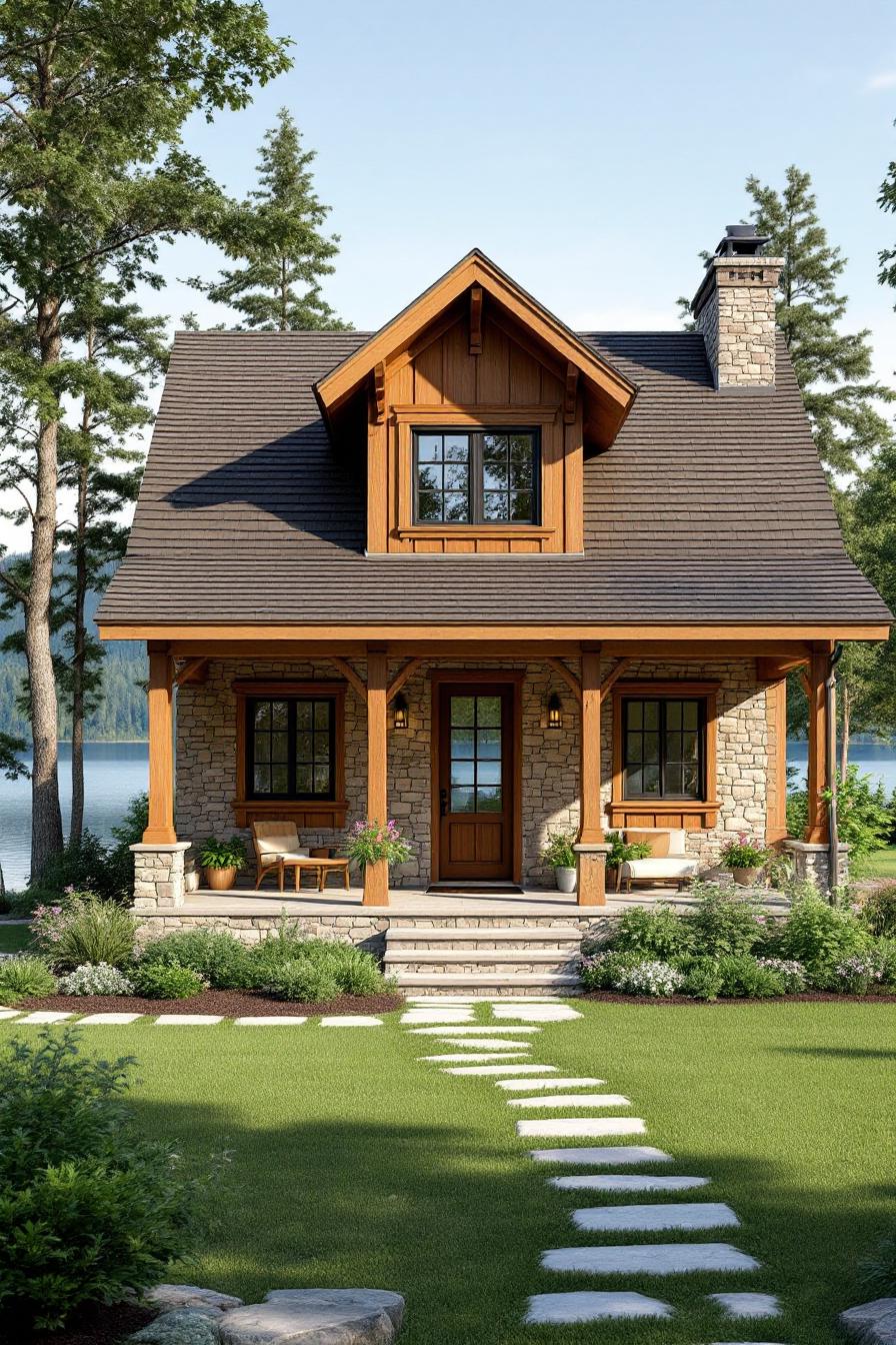 Cozy stone house with wooden accents by a lake