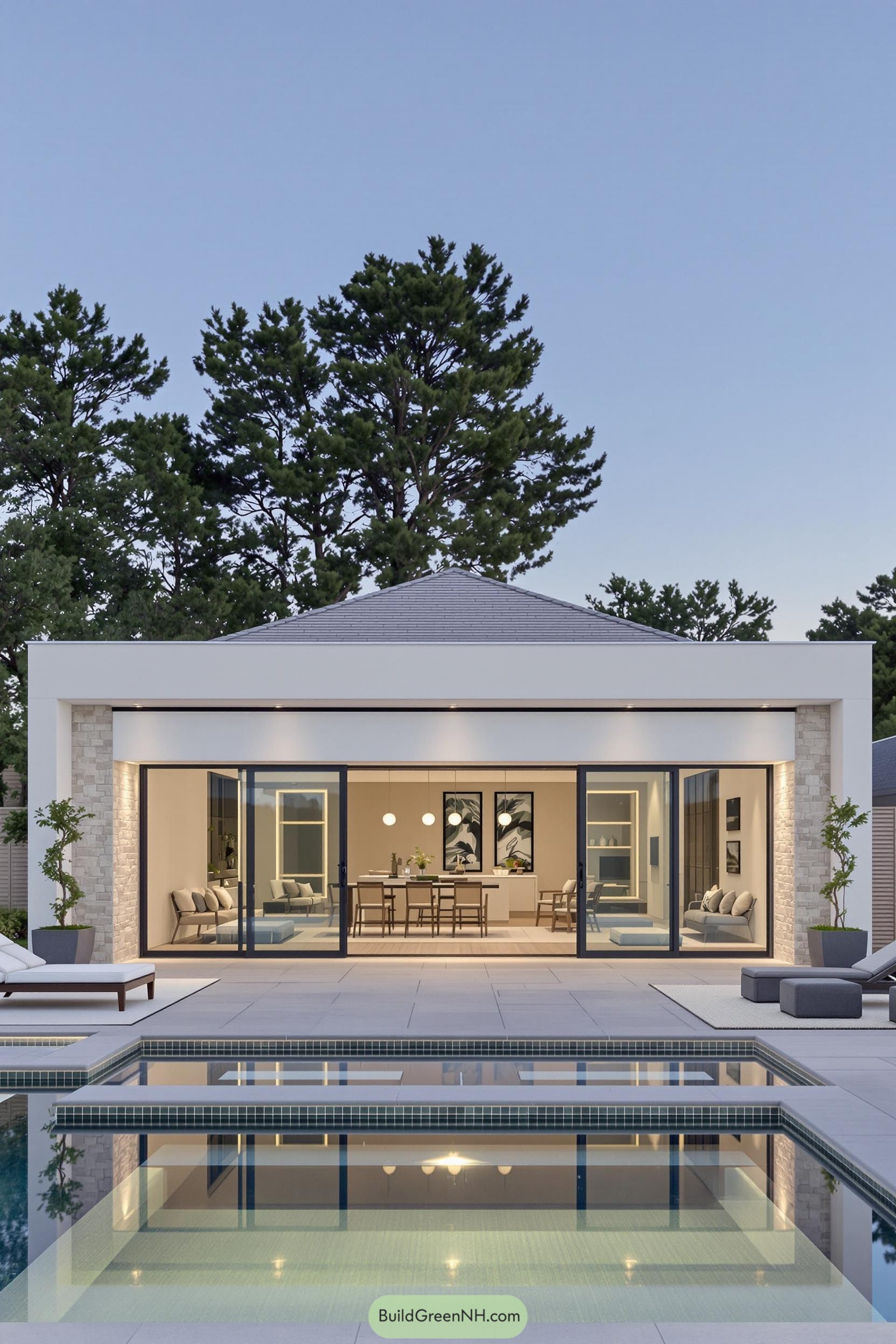 Modern pool house with large sliding doors overlooking the pool