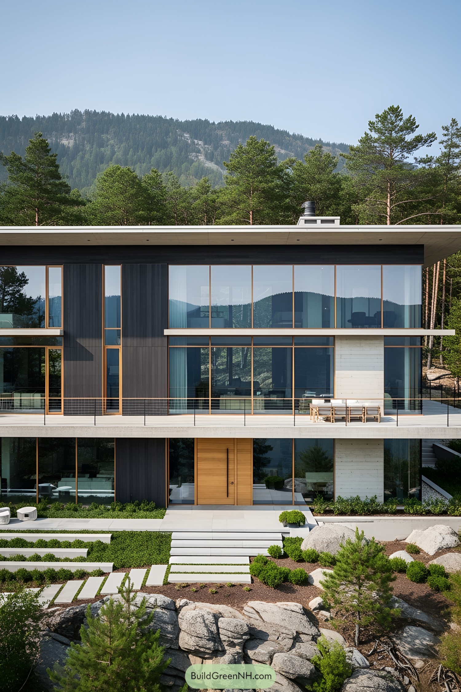 Modern mountain villa with glass and wooden facade