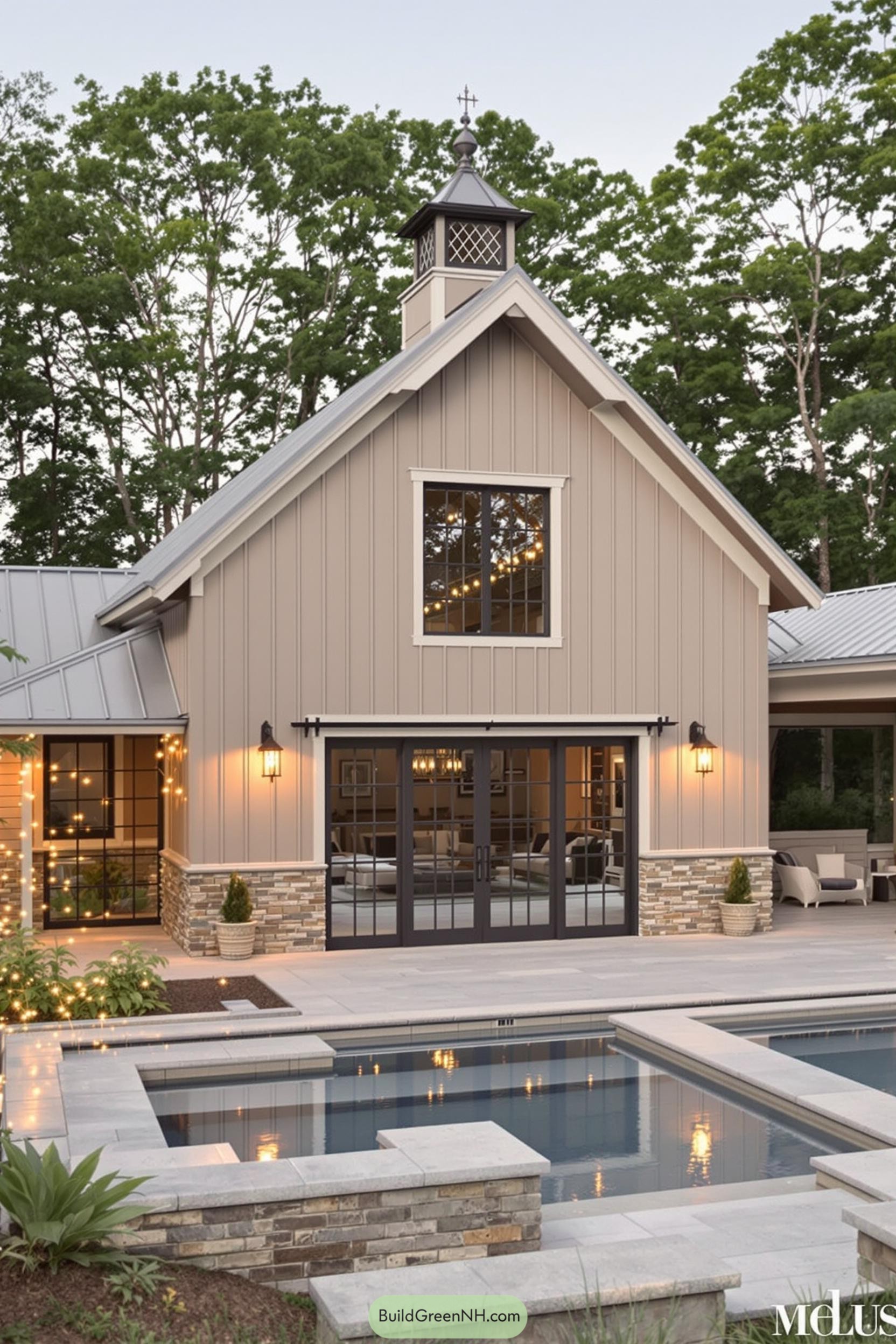Charming modern barn house with poolside view