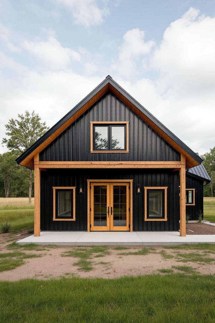 Small barndominium with black panels and wooden accents
