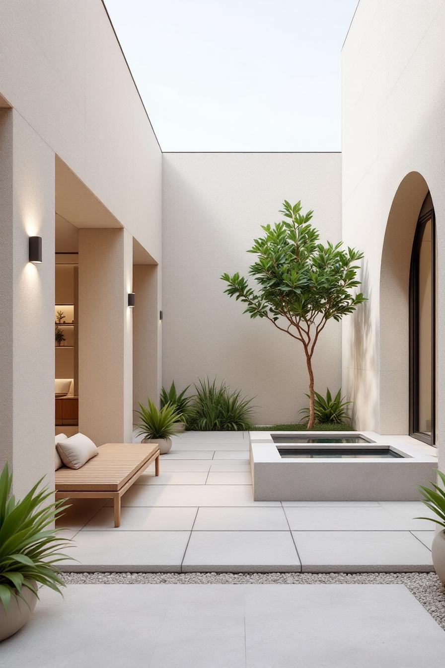 A serene modern courtyard with minimalist design and a central tree