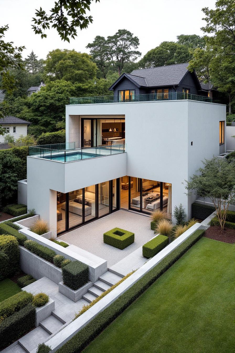 Modern white building with a sunken courtyard and upstairs balcony