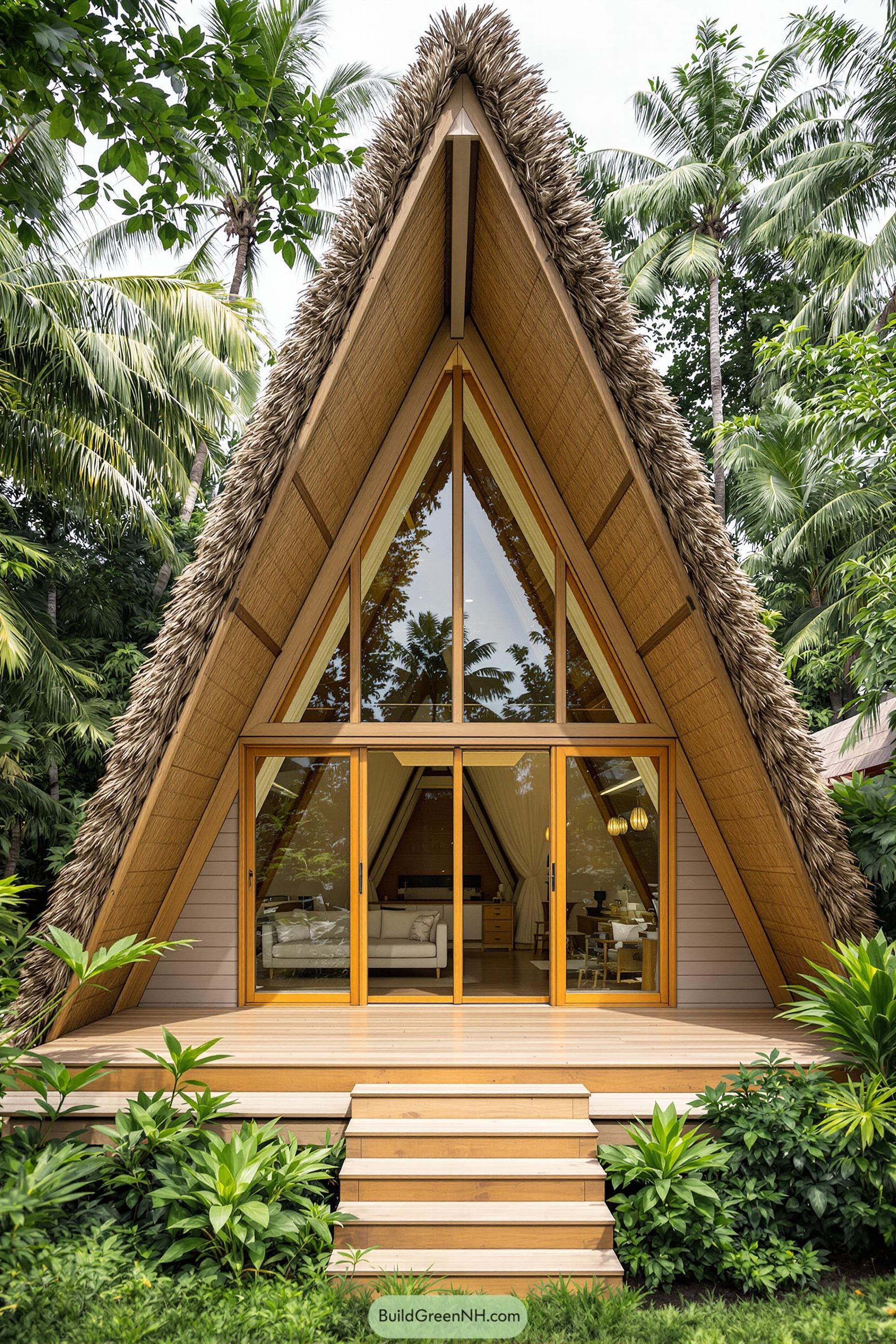 A-frame cabana surrounded by lush greenery