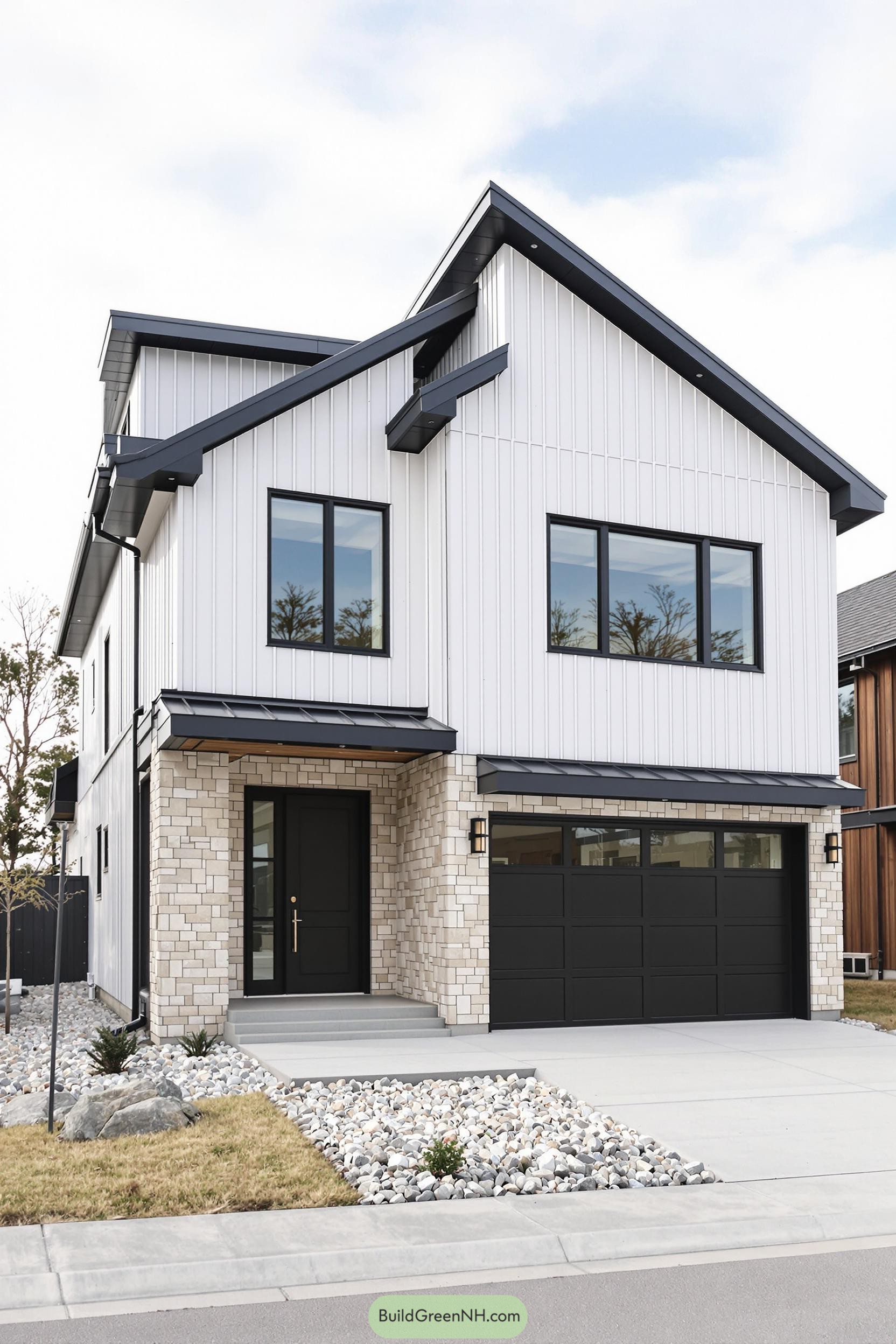 Modern two-story farmhouse with dark accents and bright facade