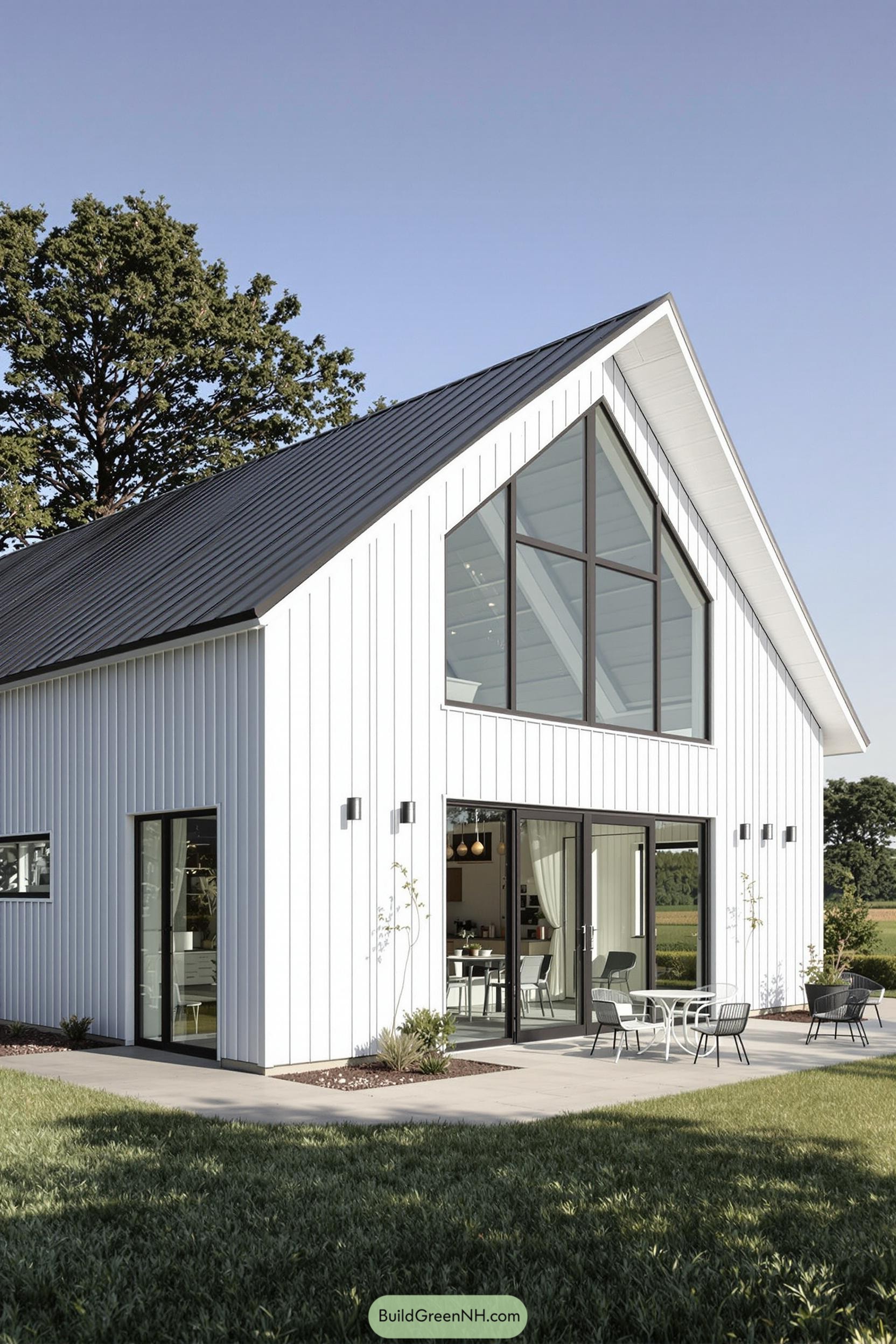 Sleek white barndominium with modern charm
