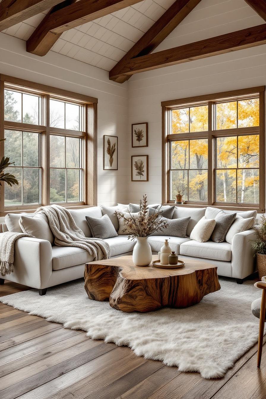 Cozy farmhouse living room with rustic charm and vibrant autumn view