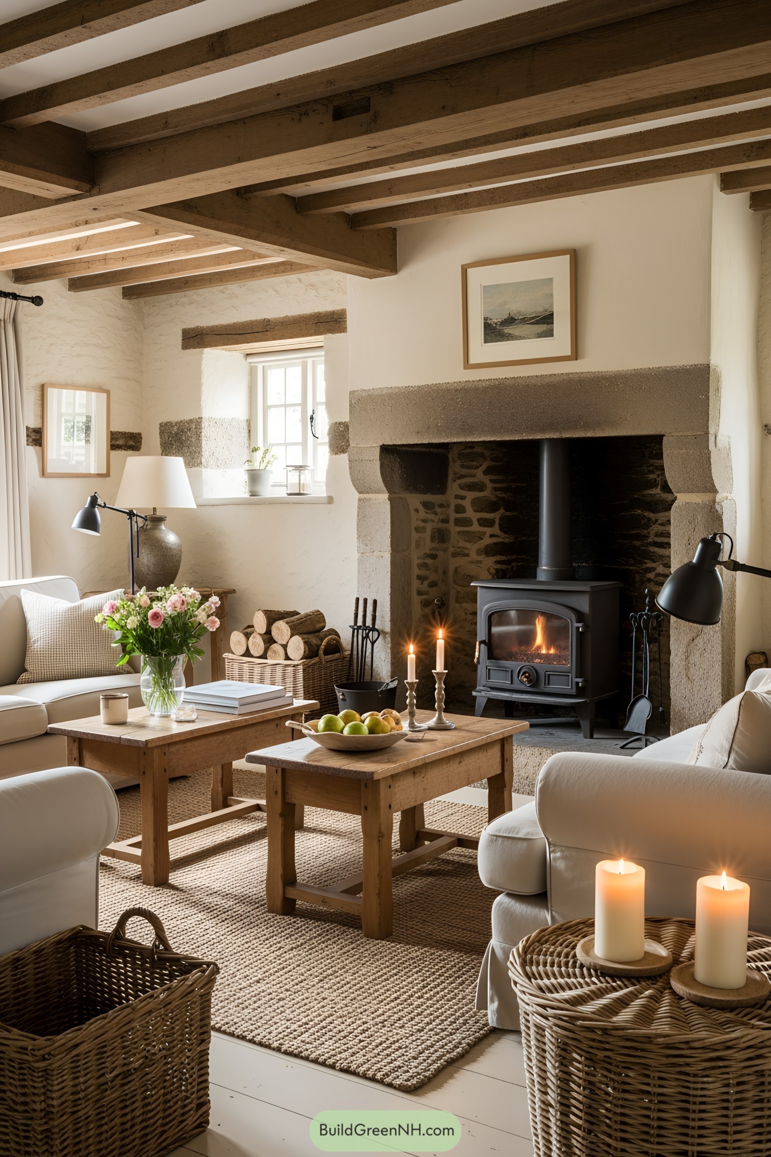 Cozy living room with a rustic fireplace and wooden beams